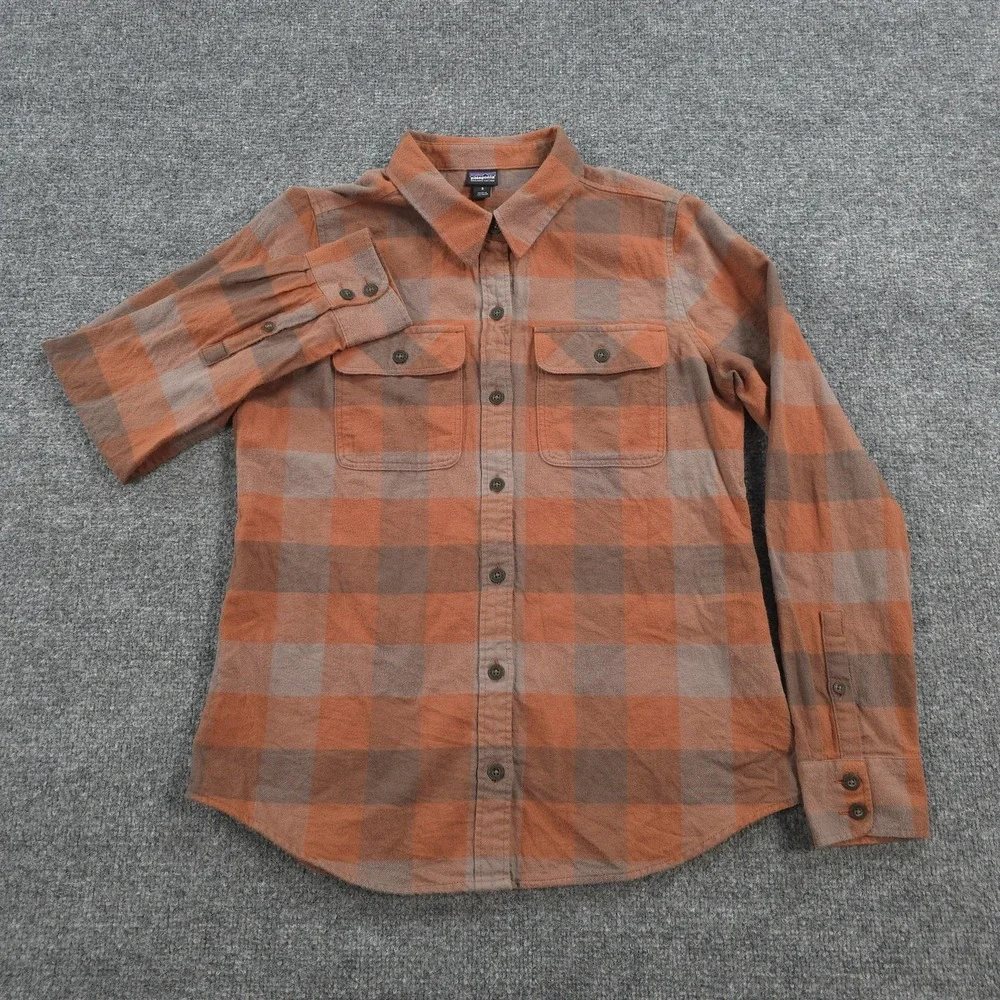 Patagonia Shirt Womens S Orange Plaid Midweight Fjord Flannel Organic Hiking